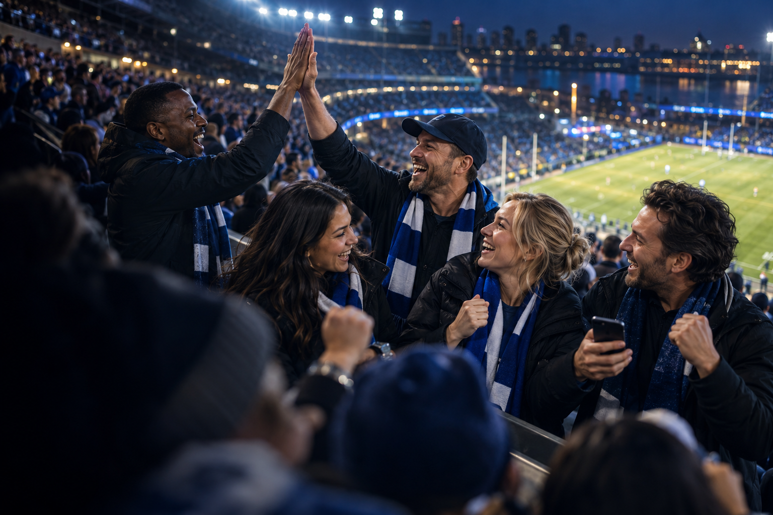 Sports fans celebrating together in the stands, wearing royal blue scarves