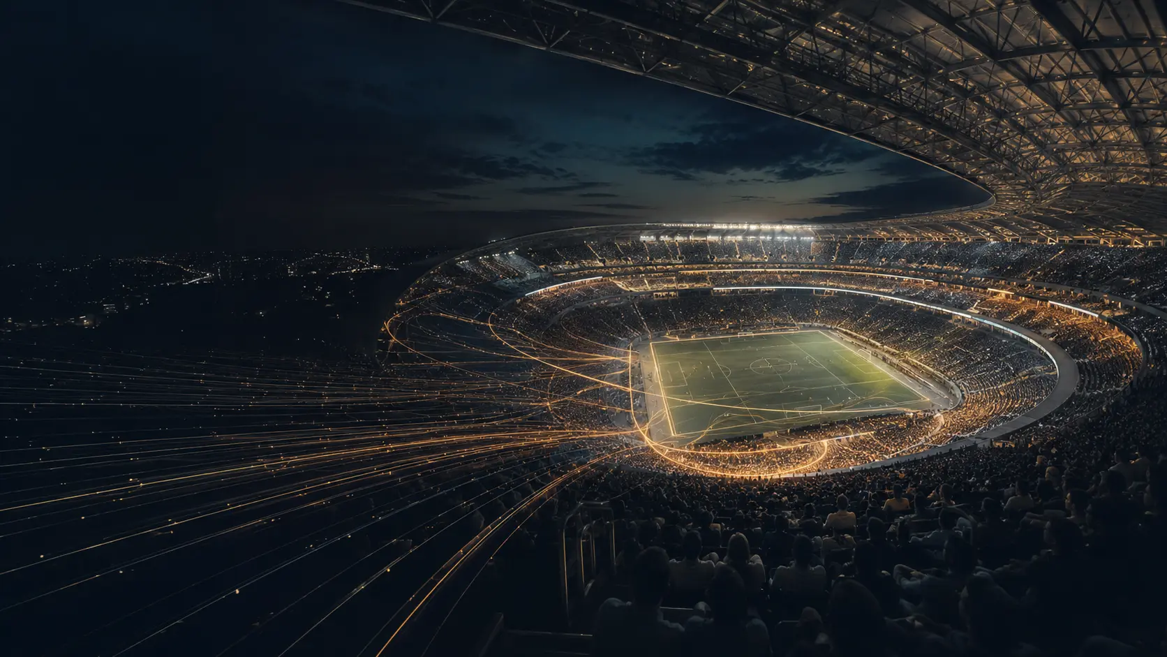 A packed stadium at night with illuminated connections extending through the stands